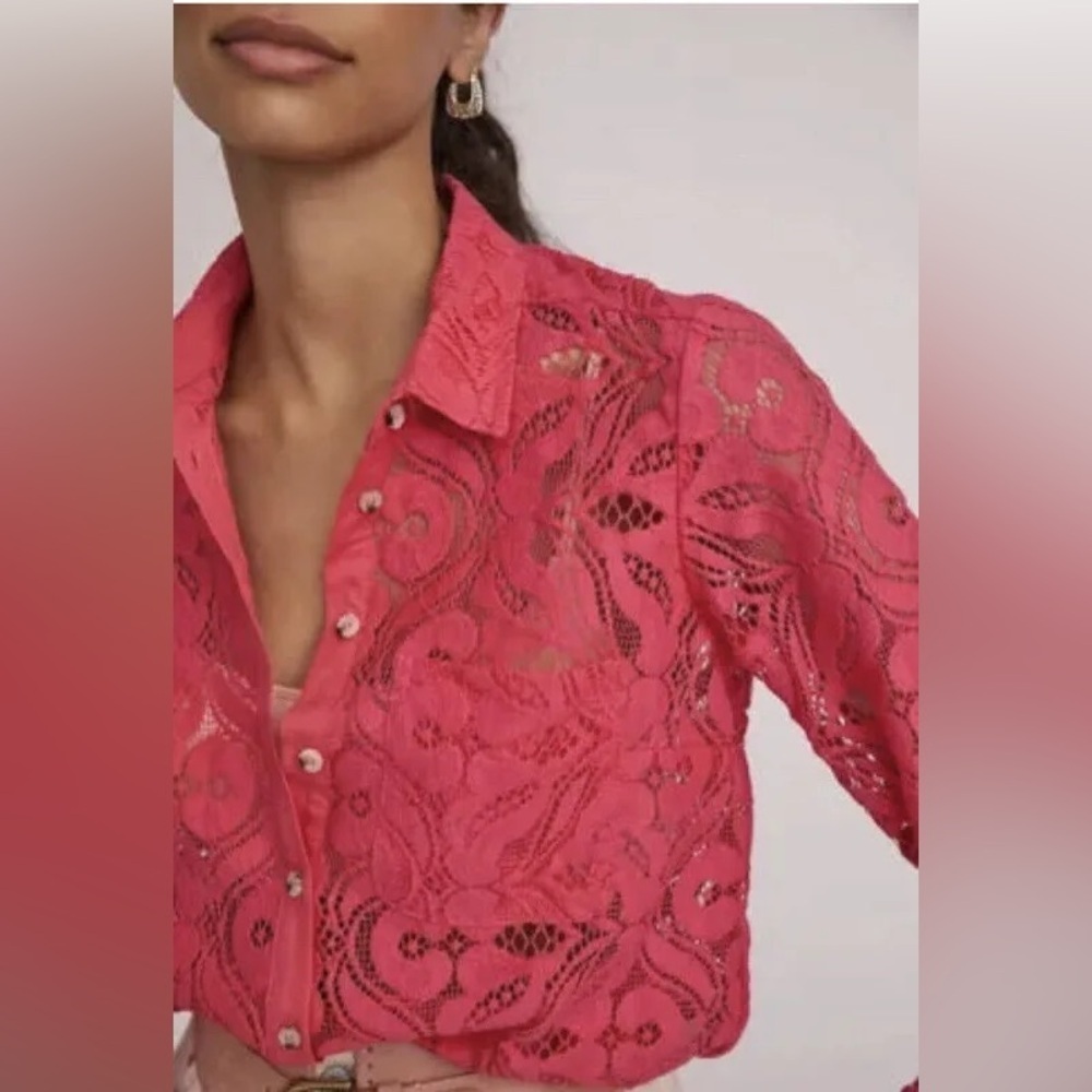 MAEVE by Anthropologie Roll-tab L/S 'Button Down Open Lace top. Size US 0 EUC